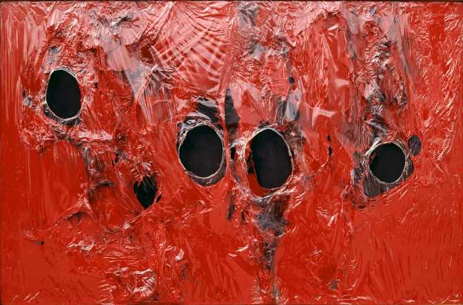 Alberto Burri, “Rosso plastica (Red plastic)”, 1962, plastic (PVC), acrylic and burns on black cloth, 65 x 100 cm, private collection, © Fondazione Palazzo Albizzini Collezione Burri, Città di Castello / VG Bild-Kunst, Bonn 2016 / SIAE, Rome Photo: © Kunstsammlung NRW 