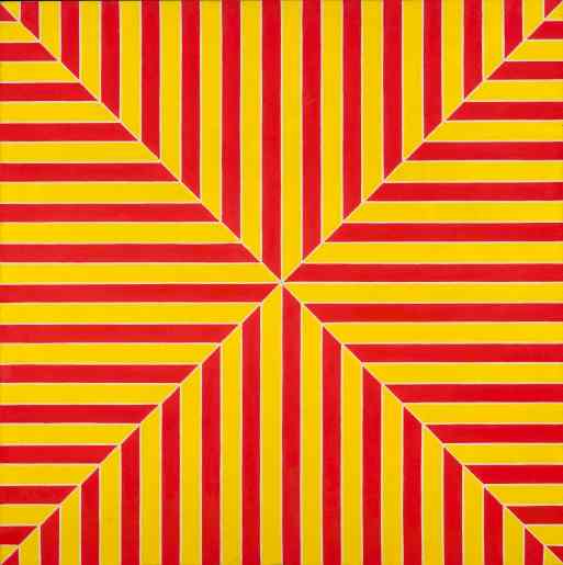 Frank Stella, “Marrakech”, 1964. Fluorescent alkyd on canvas. 77 x 77 x 2 7/8 in. (195.6 x 195.6 x 7.6 cm). The Metropolitan Museum of Art, New York; gift of Mr. and Mrs. Robert C. Scull, 1971 (1971.5). (c) 2015 Frank Stella/Artists Rights Society (ARS), New York. 